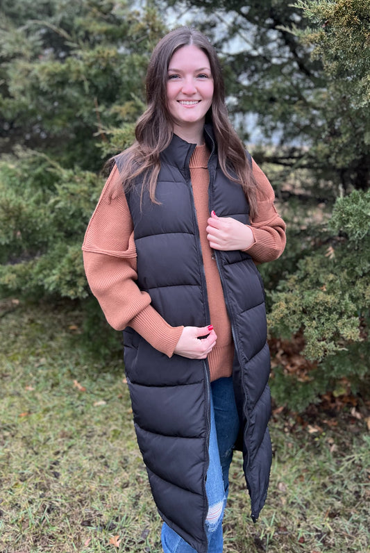 Brecken Long Black Puffer Vest